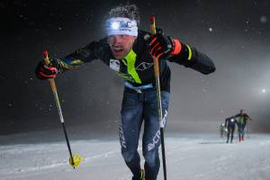 Italian Marcello Ugazio on the lung-busting ascent of the Monte Lussari Vertical at the 2024 SkySnow World Championships. ©Damiano Benedetto Photo